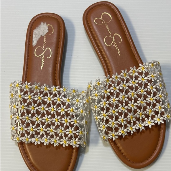 Jessica Simpson Shoes - Jessica Simpson Brown Slide Sandals with White and Yellow Beaded Lattice size 8
